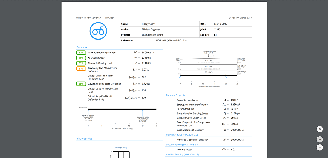 An example PDF report of the AS1720.1 Timber Beam Calculator