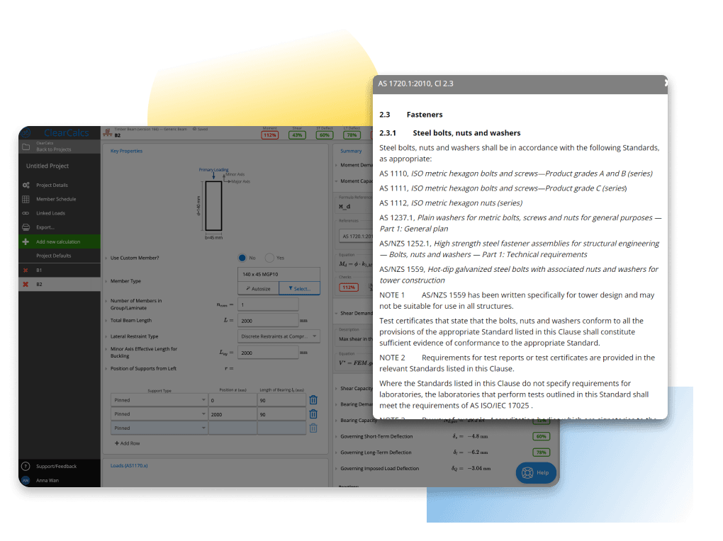 Software program interface overlaid by a snapshot of a sidebar menu for building design code information