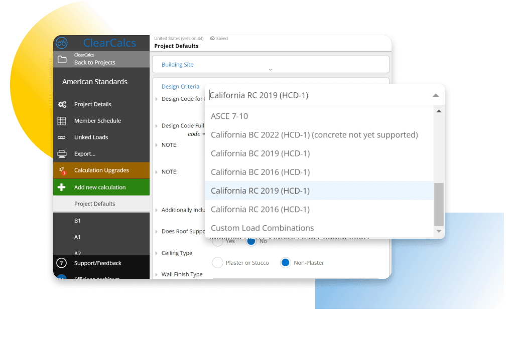 Software program interface showing a dropdown menu for building design codes