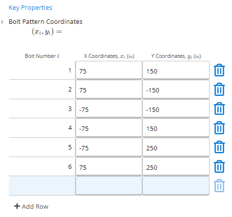 Example of key inputs section in Steel Bolt Group Analysis calculator