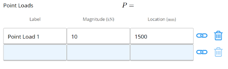 Example inputs for 10kN point load at 2000mm